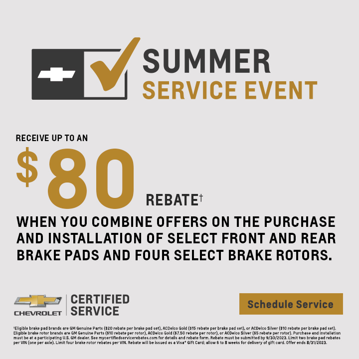 🌞 Get your vehicle Summer Ready! Receive up to an $80 Rebate when you combine offers on the purchase and installation of select front and rear brake pads and four select brake rotors🚗 

#Chevrolet #Chevy #SummerServiceEvent