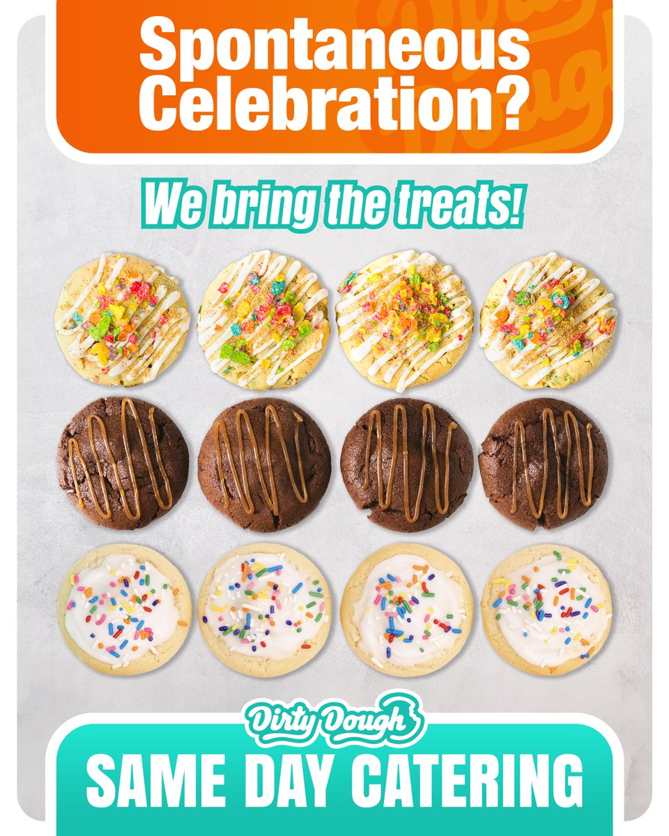 🎉 Life is full of spontaneous moments that call for a sweet treat! When you need delicious cookies for your impromptu party, Dirty Dough's catering cookies have got you covered with a 6-hour turnaround time! 🍪🎊 #SpontaneousCelebrations #DirtyDough #CateringCookies