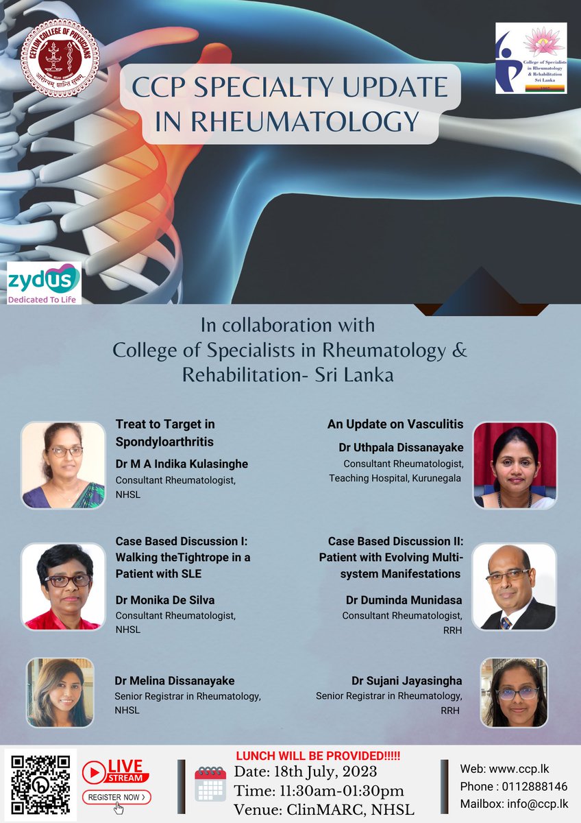 ccphysicians's tweet photo. CCP Specialty Update in Rheumatology in collaboration with the CSRRSL will be held on the 18th of July at the ClinMARC, NHSL from 11:30am to 1:30pm.

You can also join us virtually via the following link: https://t.co/pv9rZ0HMSu https://t.co/5cXrAdP0Py