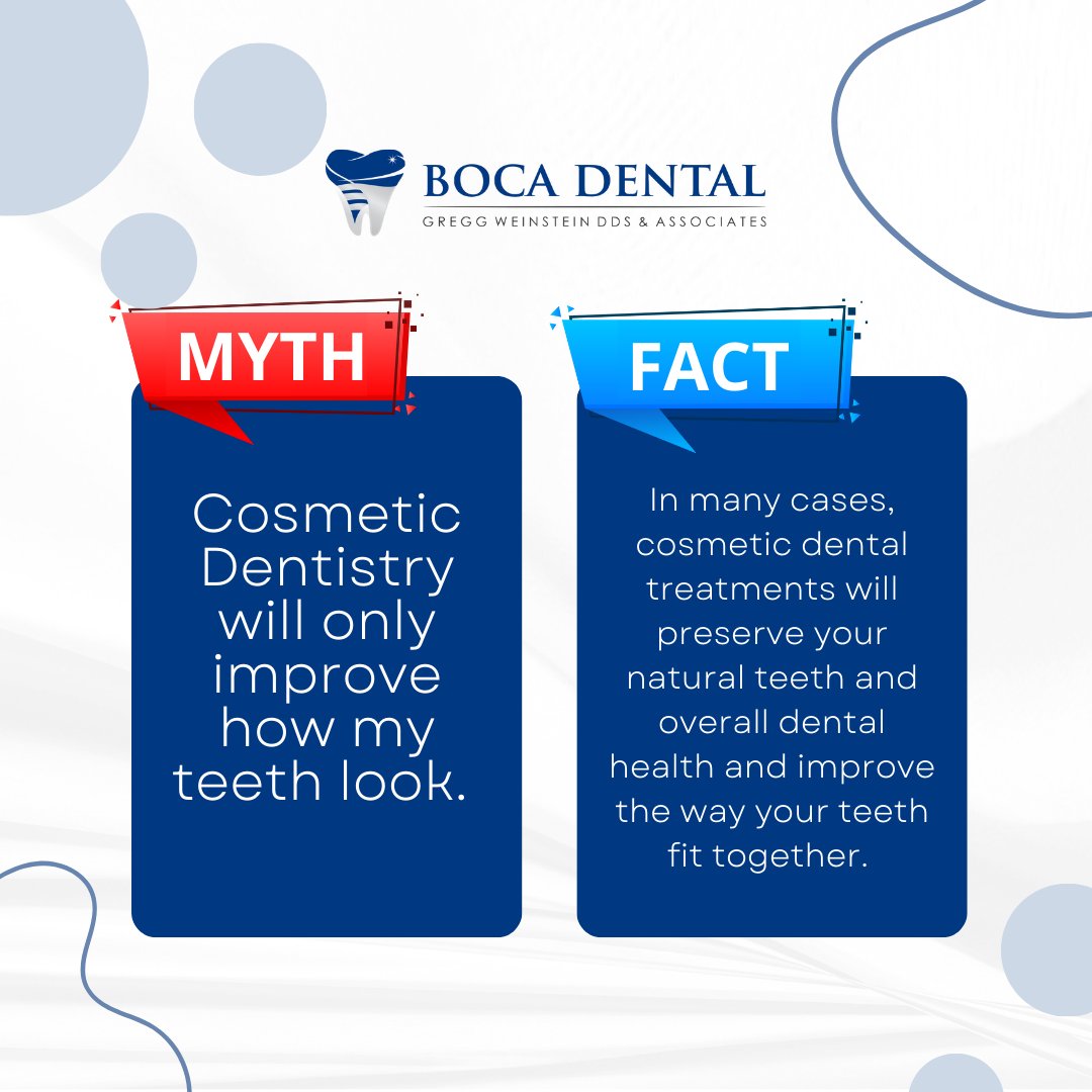 #MythMonday Cosmetic Dentistry will only improve how my teeth look.

Call us at 📲 (561) 391-6606 today to schedule your appointment.

#BocaDental #CosmeticImplants #BocaRatonDentist #cosmeticdentist #sedationdentistry #allon4 #teethinaday #dentalimplants