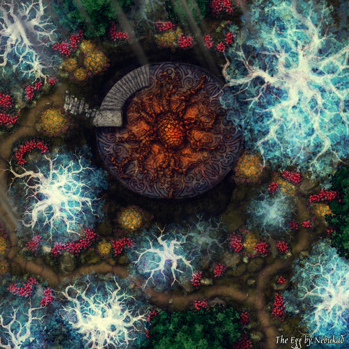 NebukadC's tweet photo. New #Mapdrop!
"The Egg - Strange Lands" a 40x40 eldrich artefact map.
I have beed sitting in this one for quite a while now. Had soo mich else to do, but could finaly put the last touches on it.
This is what happens when powerful magic changes the Land. #TTRPGmaps #TTRPG https://t.co/tFWCUAW0HK
