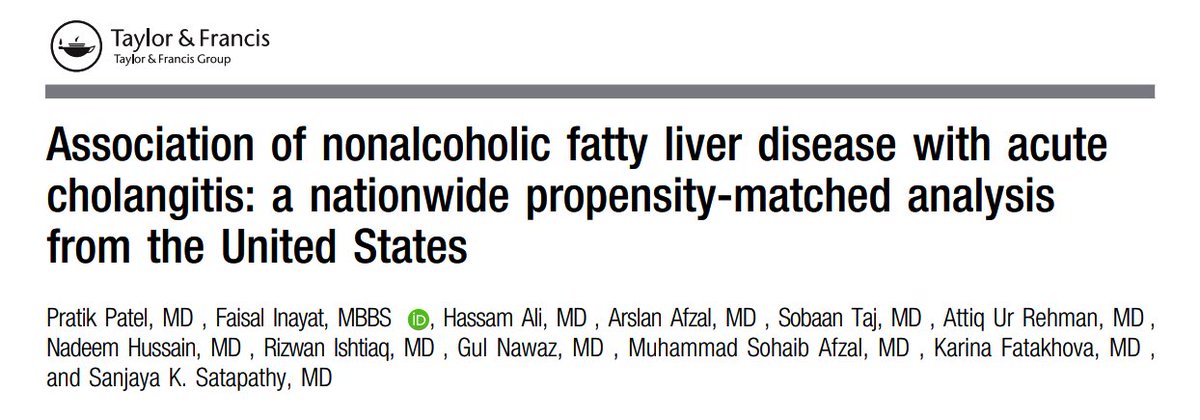 📢 New research Compared to non-NAFLD, acute cholangitis with #NAFLD had: ⬆️ length of stay (4 vs 3 days) ⬆️ hospital charges ($36,182 vs $35,244) ⬆️ mortality (1.6% vs 0%) ⬆️ complications ⬆️ acute cholecystitis 🔓bit.ly/NAFLDCholangit… Kudos to our team! #GITwitter #Liver