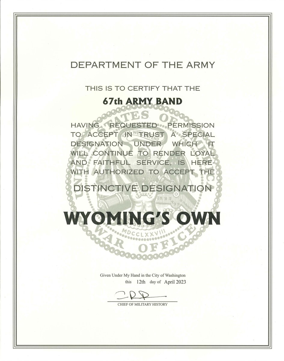 67thArmyBand's tweet photo. For nearly 20 years the 67th Army Band has been considered "Wyoming's Own" as it primarily serves the State of Wyoming and is the only military band stationed within the State.  Now it's official!  We are proud to serve our State and Nation through music. #wyoguard #wyomingsown https://t.co/9JhnFTIDRT