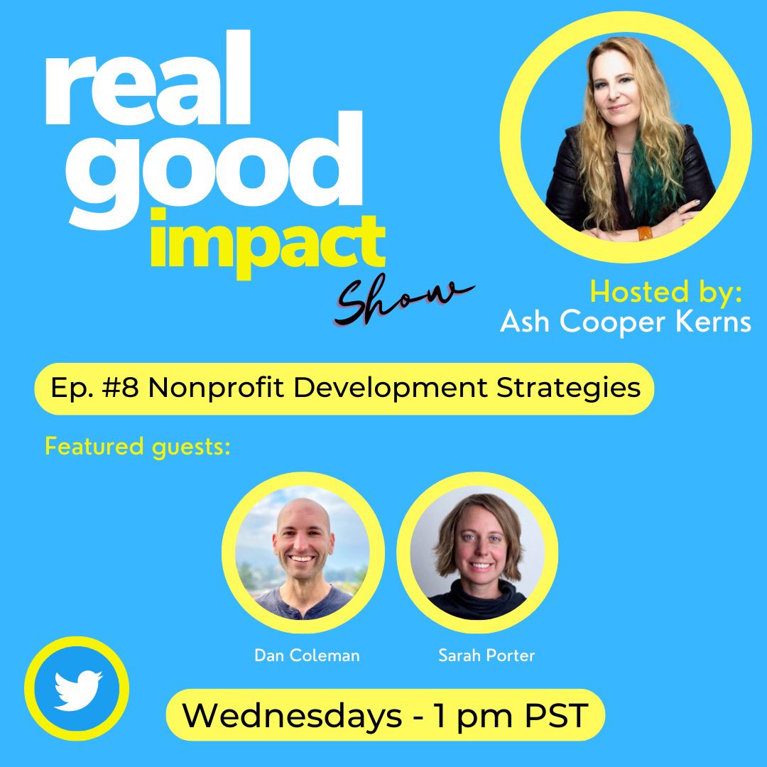 ashcooperkerns's tweet photo. Gm! 

Friendly reminder about Wednesday’s REAL GOOD IMPACT Show.

Tune in for a robust conversation on development strategies for: 

➡️ Local, national &amp; international causes
➡️ Distinct cause areas (🎶🎨🐶👥+)
➡️ Innovative philanthropy

👇🏻Ft. guest mini-bios 
👇🏻Reminder link https://t.co/WzGtdQp5RT