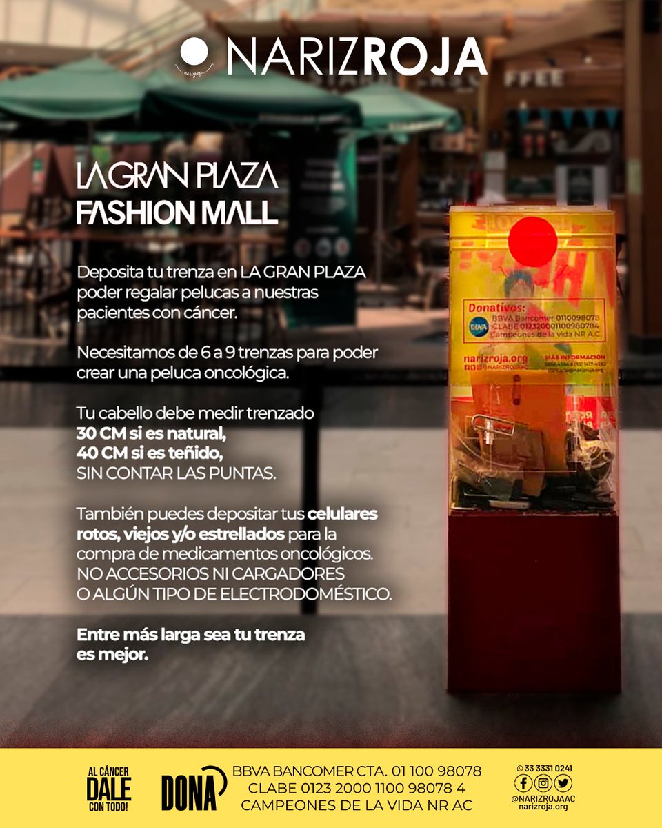 Dona tu trenza o celular en la gran plaza 
📢 ¿Quieres donar una trenza o tienes un celular que ya no uses?
¡Puedes ayudar! La Gran Plaza continúa recibiendo donativos para la lucha contra el cáncer infantil, puedes donar tu trenza o celular para la creación de pelucas