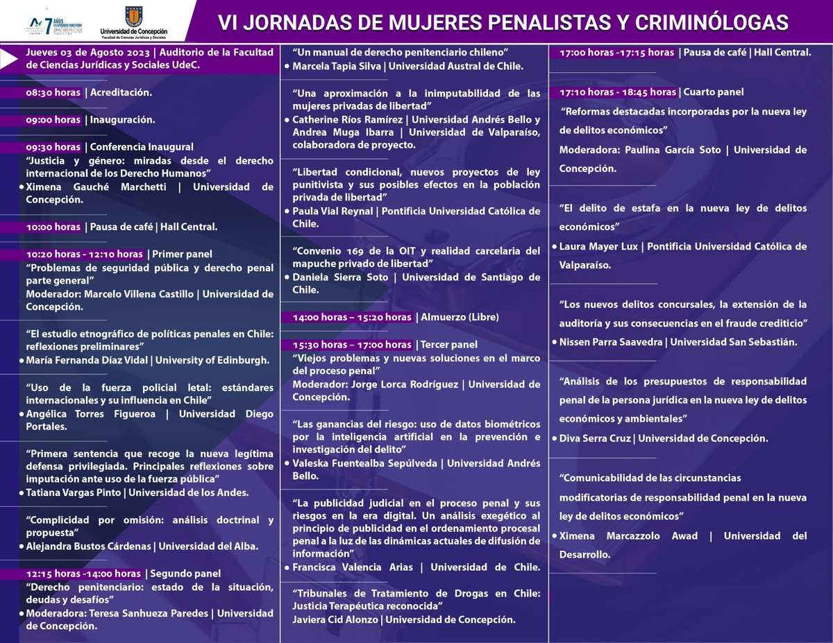 juridicysocudec's tweet photo. Les invitamos a las "VI Jornadas Nacionales de Mujeres Penalistas y Criminólogas", organizadas por la Facultad de Ciencias Jurídicas y Sociales UdeC

Detalles aquí 
https://t.co/FoJsYv74bD
@udeconcepcion @RadioUdeC @DivaSerraC @xagauche @vrim_udec @Ciencia_UdeC https://t.co/ajoonFBu3x