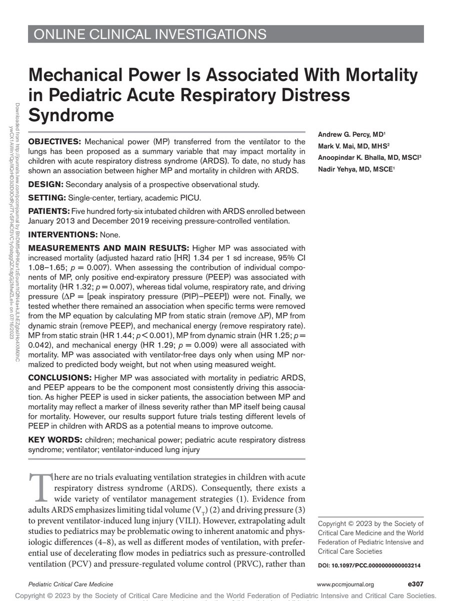 MedCritPed's tweet image. Poder Mecánico en #PedsICU

Mayor valor, asociado con ⬆️ en la Mortalidad en pacientes con #SDRAP/#PARDS.
#PEEP fue asociado con mayor mortalidad (⚠️ los pacientes más graves, requerían mayor PEEP).

¿Tendrá utilidad práctica la medición del PM o la DP es mejor?