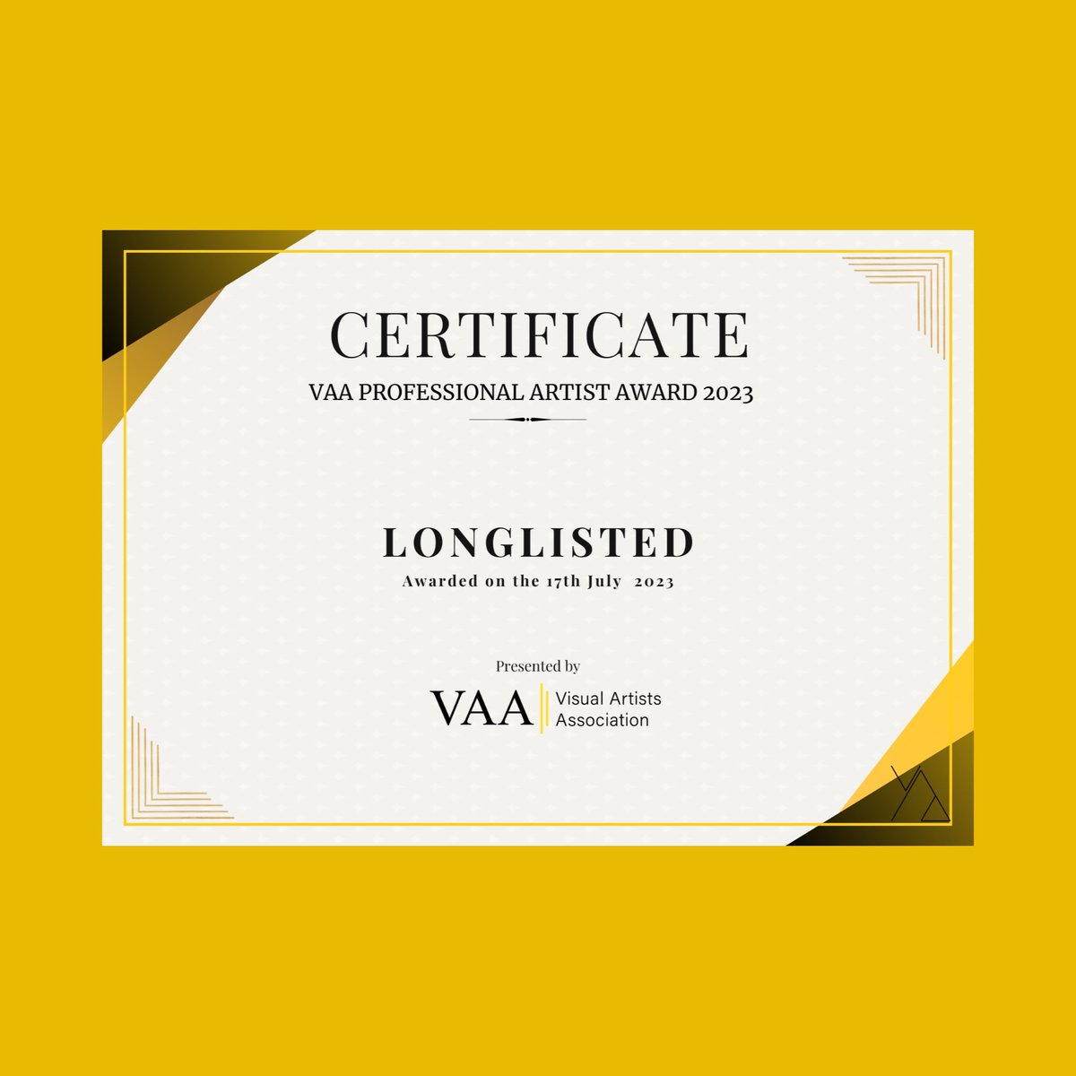 Delighted to be longlisted for <a href="/VAAartists/">Visual Artists Association</a> Professional Artists Award 2023