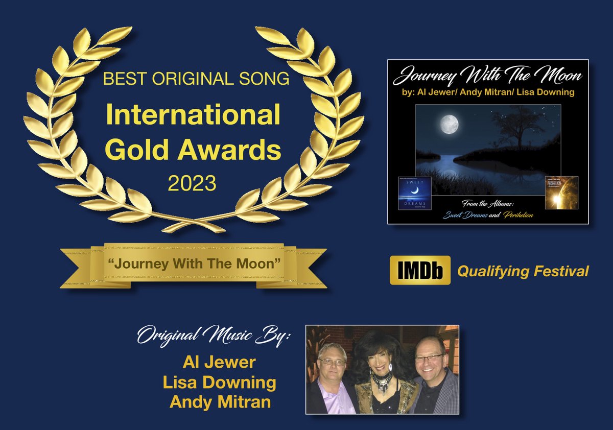 WOAH!!!! Just received an award from the INTERNATIONAL GOLD AWARDS for BEST ORIGINAL SONG in a music video! "Journey With the Moon" is a collaboration between me, <a href="/FollowTwoTrees/">AlJewer & AndyMitran</a> (Al Jewer &amp; Andy Mitran! Watch the video at             youtu.be/3jnLsI0Ds8k