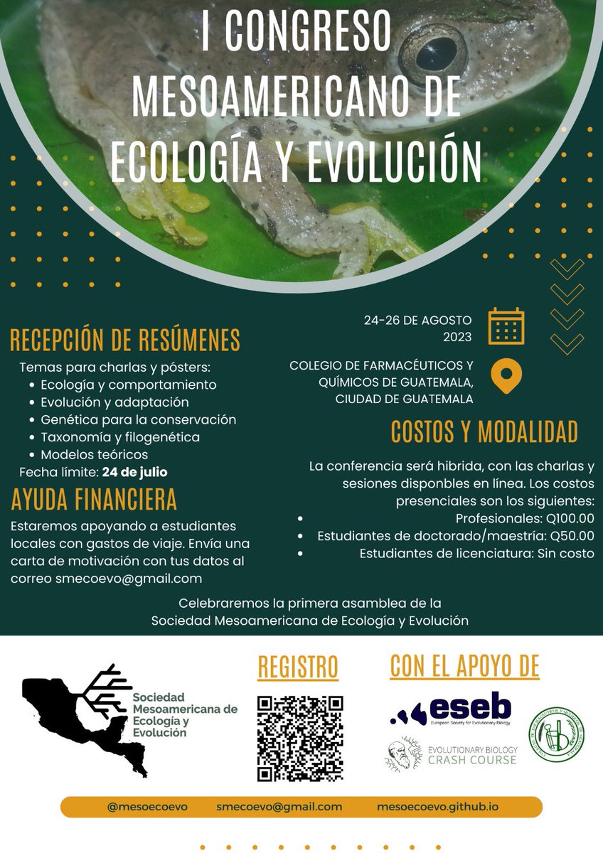 Les compartimos el poster actualizado del I Congreso Mesoamericano de Ecología y Evolución 🥳💚✨ se celebrará en la sede del Colegio de Profesionales gracias al apoyo de <a href="/CofaquiGuate/">COFAQUI</a>. Agradecemos su difusión.