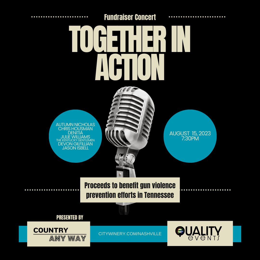 We can't sit back quietly and watch while our communities shatter. Stand w/ us! Together in Action a benefit for Gun Violence Prevention Efforts in Tenn 8/15 Proud to stand w/ @_love_holly_ @literallytanner @JasonIsbell @chrishousman @theKYGentlemen @DevonGilfillian & @j_w_music