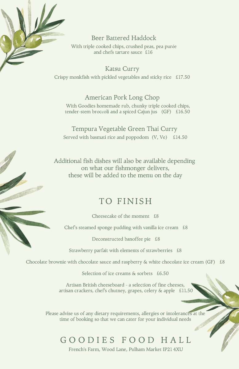 Come and enjoy another fantastic menu this Friday evening from 3pm to 8pm here at Goodies. See photos for details or click here to see the menu in full goodiesfoodhall.co.uk/wp-content/upl… Book now by calling 01379 676880 or email eat@goodiesfoodhall.co.uk