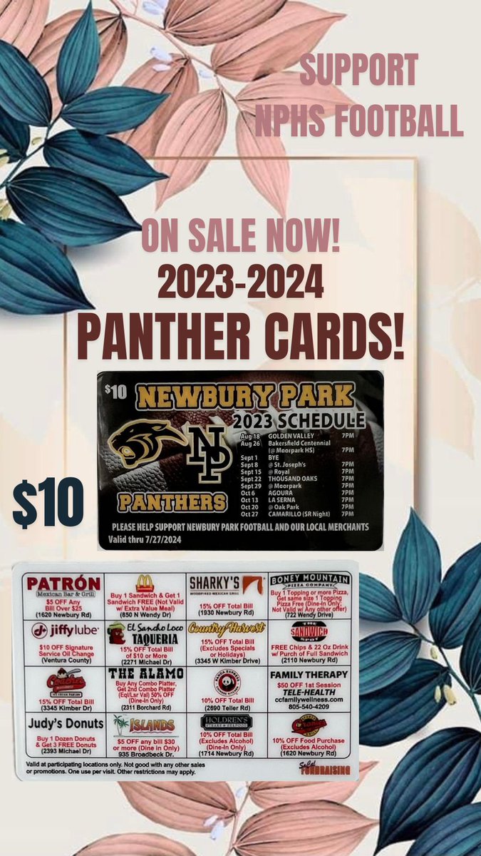 The 23-24’ PANTHER CARD goes on sale today! It is $10. It features our favorite local eateries &amp; businesses like Cronies, Islands, Coaches, the Sandwhich Spot, Holdren’s, Alamo, Judy’s Donuts, Patron, Boney Mountain, Country Harvest, Sharkeys and so much more! Let’s go NP🖤💛🏈