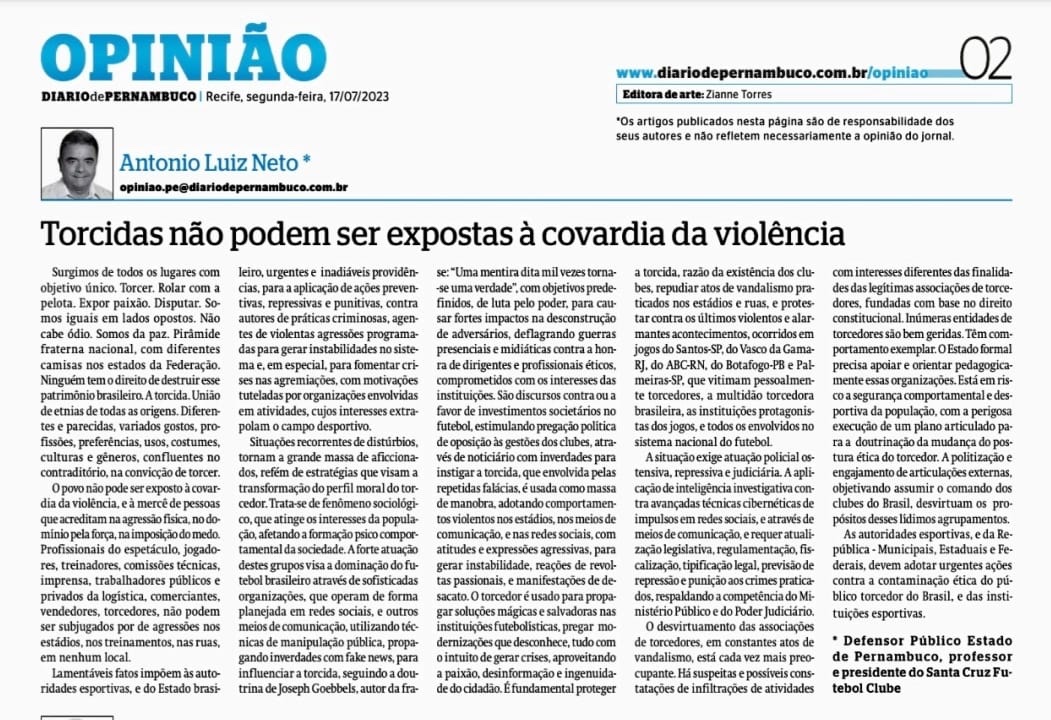 A opinião do presidente Antônio Luiz Neto no Diario de Pernambuco após o Santa Cruz chegar na última rodada precisando vencer e torcer por resultados para seguir na Série D.