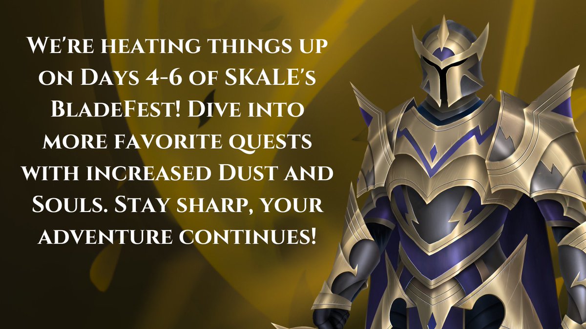 ⚔️ Welcome to DAY 4-6 of @SkaleNetwork's BladeFest: @CryptoBlades One-Year Journey! Ready for more adventure? The stakes are getting higher with a daily dose of 5,000 tokens, more Dust, and a Soul boost! Charge on, champions! 🔥🎮 #BladeFest #CryptoBladesAnniversary