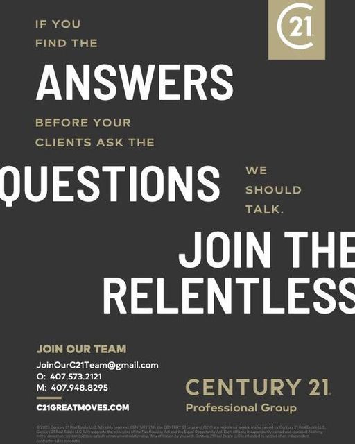 We are looking for outgoing Real Estate individuals!! Message us if you or anyone you know may be looking for opportunities as an Agent or visit joinourc21team@gmail.com!!!!..............
#c21,#relentless,#orlandorealtor,#wearehiringnow,#realestatejobs