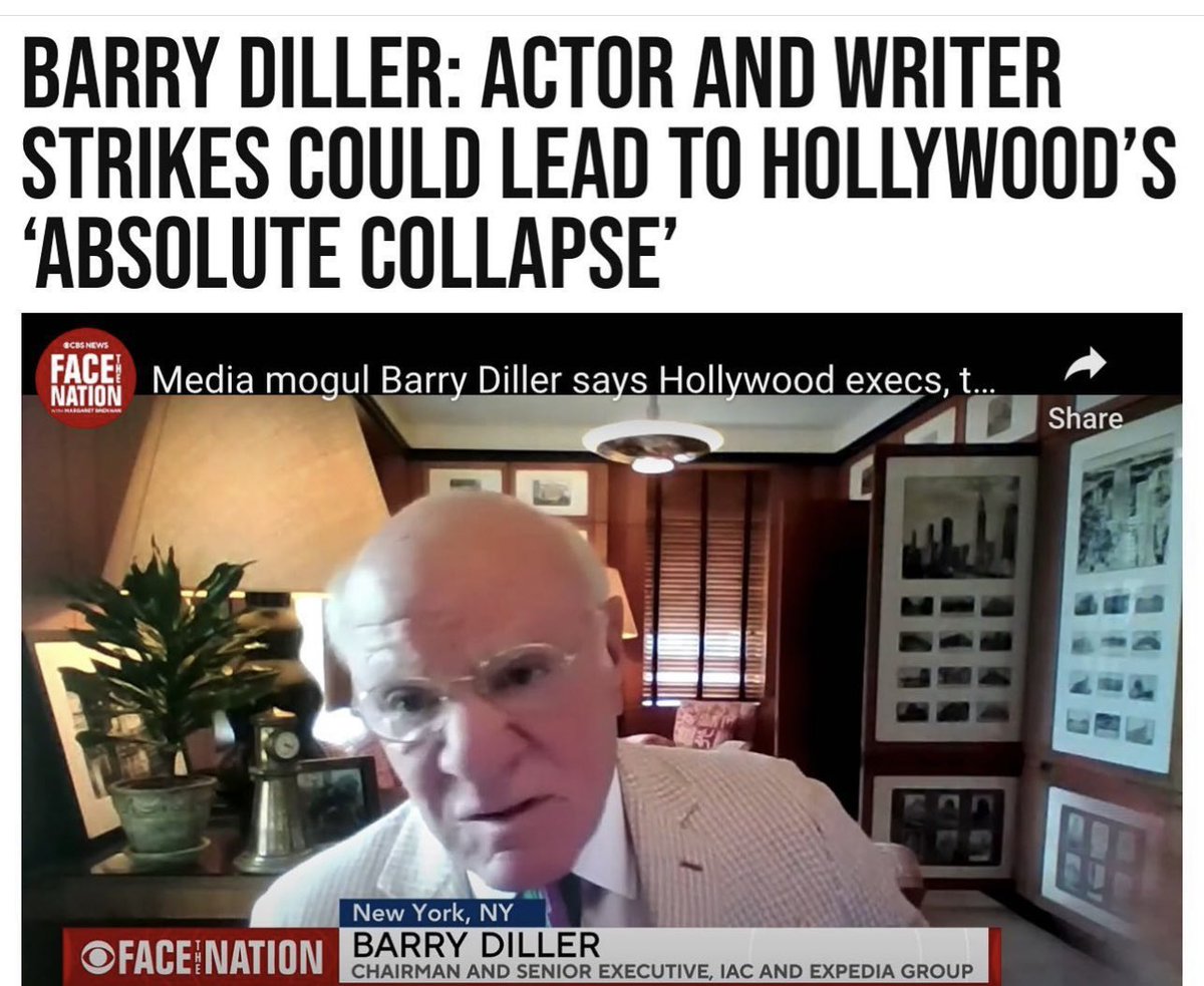 Hollywood in fear 🎯👉🏻Hollywood Elites rattled🎯 IAC chairman & senior executive Barry Diller said Sunday on CBS's 'Face The Nation' that the entertainment industry could collapse' if the writers&actorsstrikes are not resolved soon🎯Great , they deserve it😁😂🤣🤣🎯🎯🎯