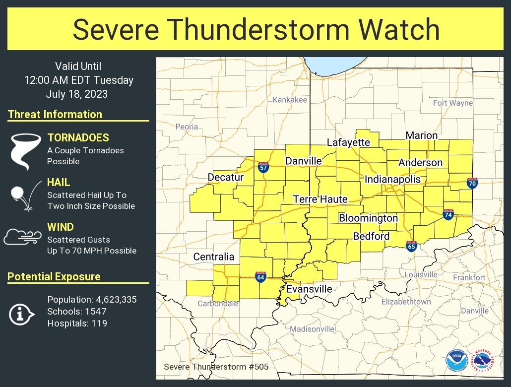 A severe thunderstorm watch has been issued for parts of Illinois and Indiana until 12 AM EDT