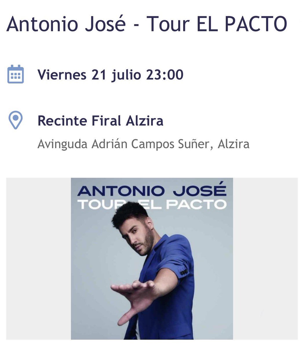 ¡NUEVA FECHA!
.
Este viernes 21 de julio en ALZIRA (Valencia) #AntonioJosé y su #TourElPacto 😍🙌🏼
.
Entradas a la venta en: notikumi.com/2023/7/21/anto…