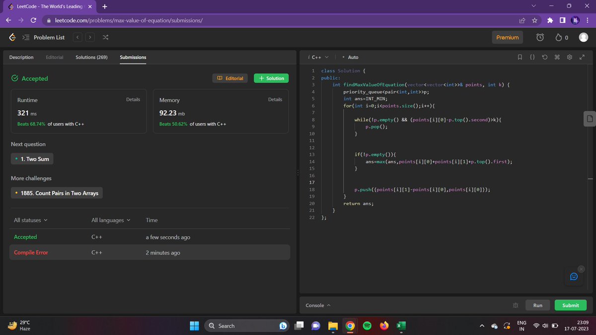 SnehaJo89582040's tweet image. solved two hard-level questions 😅tried it first but cannot solve it, so I decided to refer to youtube and now finally submitted the codes after watching videos.#CrackYourInternship #CrackYourIntership @arsh_goyal