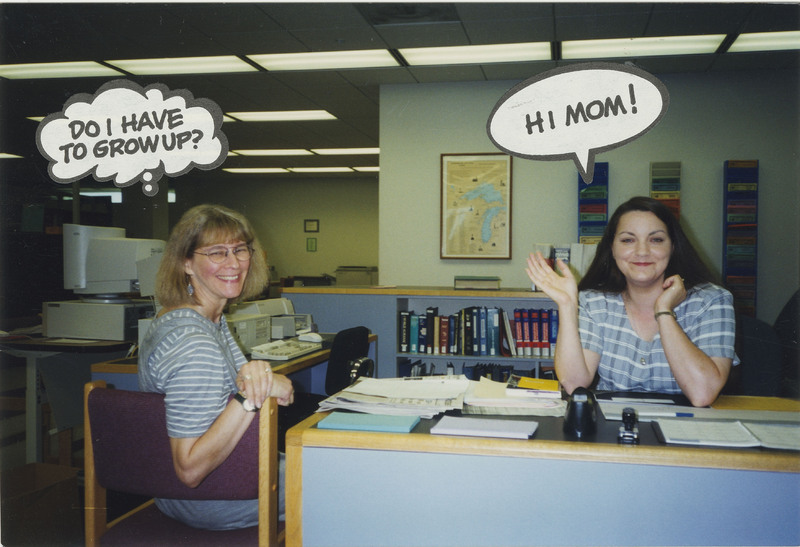 OULibraries's tweet image. Do I have to grow up? #Throwback: Library staff members at the desk. Check out our 60th-anniversary collection to see more photos from Kresge Library's past. #KresgeLibrary #oaklandu #ThisIsOU