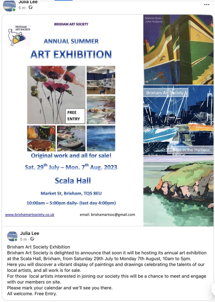 #brixham #art society #exhibition coming soon!
@EngRivieraMag @EnglishRiviera @wats_and @WOTorbay @visitsouthdevon @WendyMounce @Whatson_Devon @sdcollege @Brixham @PilgrimsCottage @Vixbrix @lovebrixham @welovetorbay