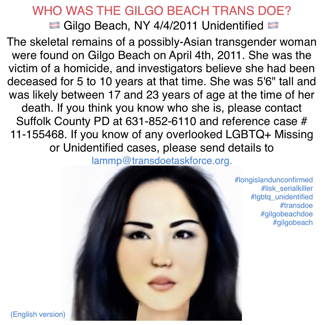Nate_Mears_'s tweet photo. Here is a master thread of the Gilgo Beach Trans Doe case in multiple languages in case anybody in NY wants to print them up and post them.
#longislandunconfirmed
#lisk_serialkiller
#lgbtq_unidentified
#transdoe
#gilgobeachdoe
#gilgobeach https://t.co/2lubgJcsXW