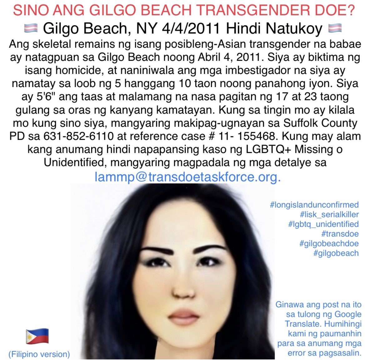 Nate_Mears_'s tweet photo. Here is a master thread of the Gilgo Beach Trans Doe case in multiple languages in case anybody in NY wants to print them up and post them.
#longislandunconfirmed
#lisk_serialkiller
#lgbtq_unidentified
#transdoe
#gilgobeachdoe
#gilgobeach https://t.co/2lubgJcsXW