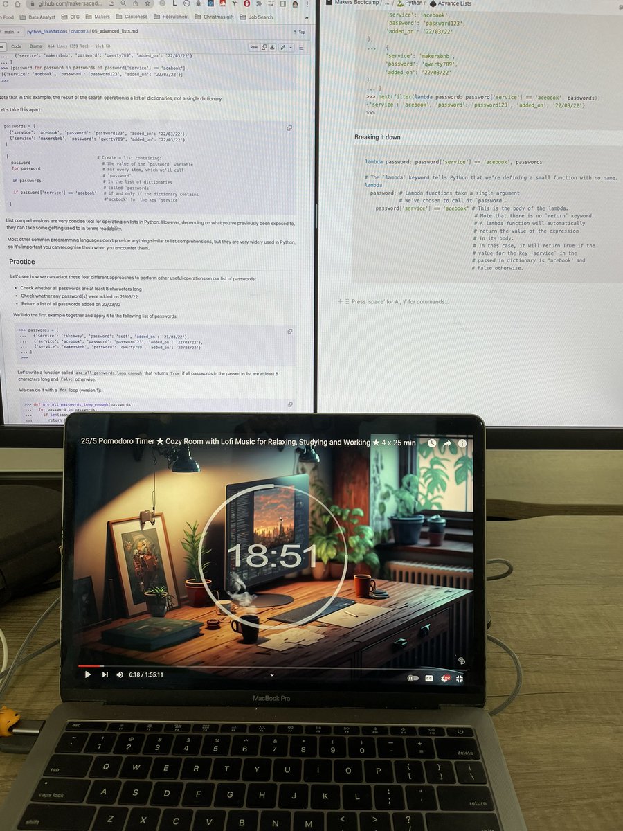 denise_codes's tweet photo. Sorry I have been super MIA on Twitter lately, been busy with both personal and coding projects! 

I have finally started @makersacademy and using the Pomodoro method helped me a lot to absorb everything ⚡️

Relearning python basics and new methods 😊 https://t.co/S5vGutefAO