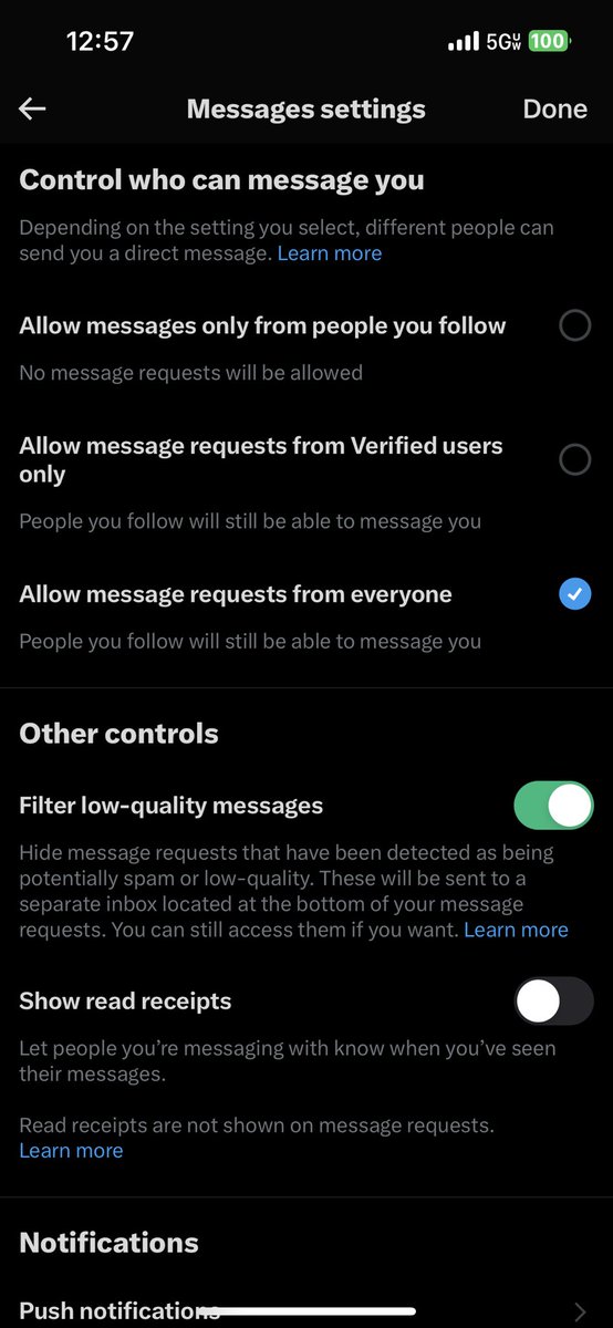 Thetoesfinder_1's tweet photo. PSA!! Twitter has automatically changed your settings to make it where only Twitter blue accounts can message you. In order to change do the following.
1. Go to your inbox 
2. Select strings. Top right. 
3. Click allow message requests from everyone https://t.co/TMpbfGLCC7