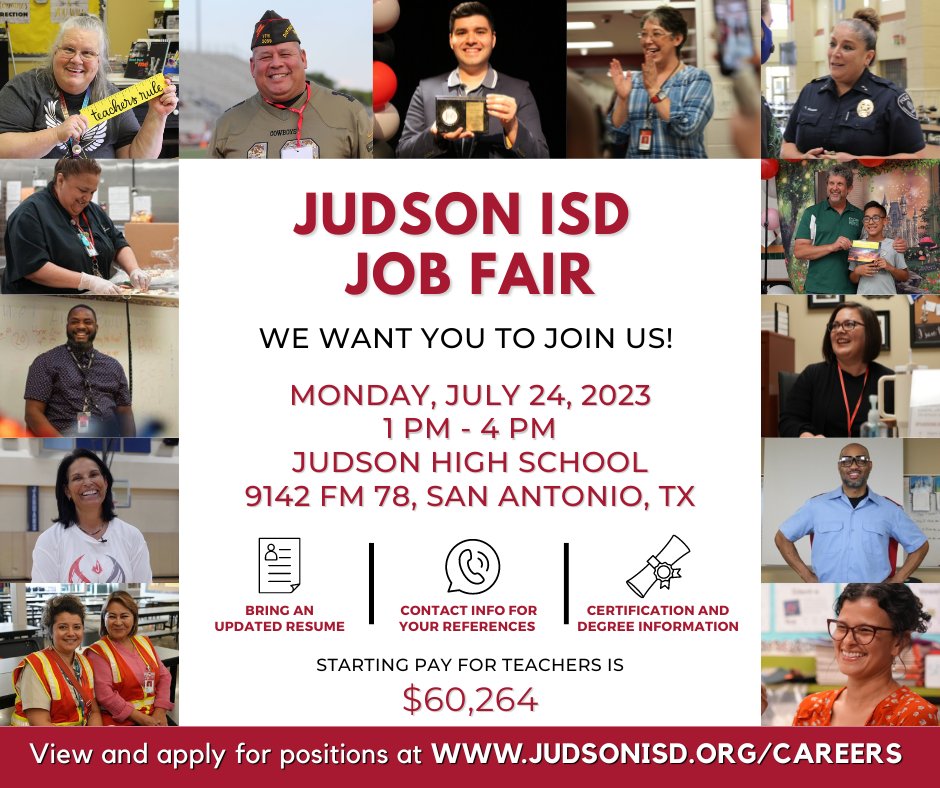 Join us at the 𝐉𝐮𝐝𝐬𝐨𝐧 𝐈𝐒𝐃 𝐉𝐨𝐛 𝐅𝐚𝐢𝐫! ✏️🍎

📅 | Monday, July 24, 2023
🏫 | Judson High School
⏰ | 1:00 PM - 4:00 PM 

Starting teacher pay at $𝟔𝟎,𝟐𝟔𝟒!  We can't wait to meet you at the Judson ISD Job Fair! 🤩 #JudsonISD #JISD #JudsonISDFamily