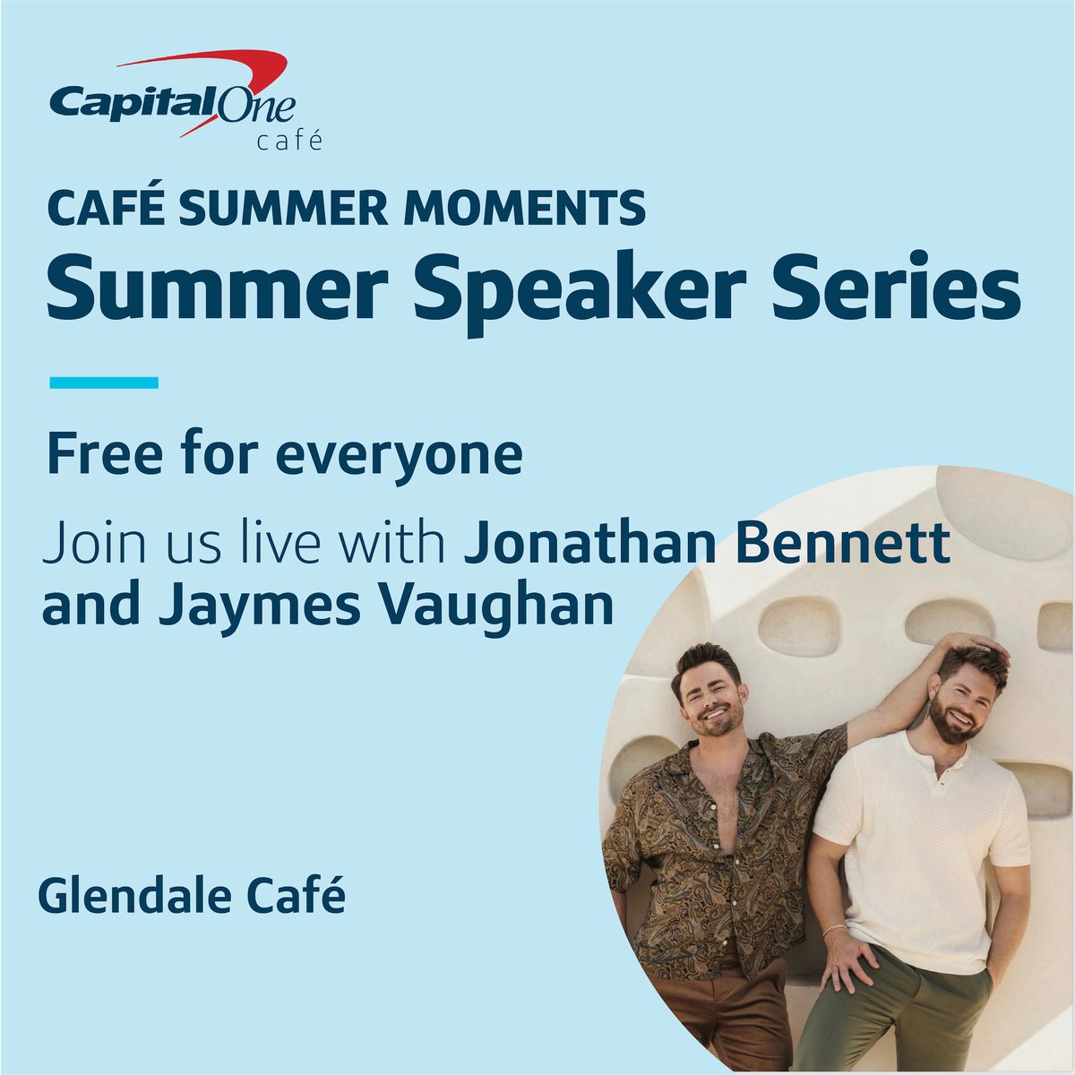 Capital One Café (@capitalonecafe) on Twitter photo Join actor and TV hosts Jonathan Bennett and Jaymes Vaughan live in the Glendale Capital One Café at <a href="/AmericanaBrand/">The Americana At Brand</a> today at 6pm as they discuss summer travel tips and saving for your next dream vacation. Space is limited and RSVP now to save your spot. cvent.me/kB87MQ Join actor and TV hosts Jonathan Bennett and Jaymes Vaughan live in the Glendale Capital One Café at <a href="/AmericanaBrand/">The Americana At Brand</a> today at 6pm as they discuss summer travel tips and saving for your next dream vacation. Space is limited and RSVP now to save your spot. cvent.me/kB87MQ