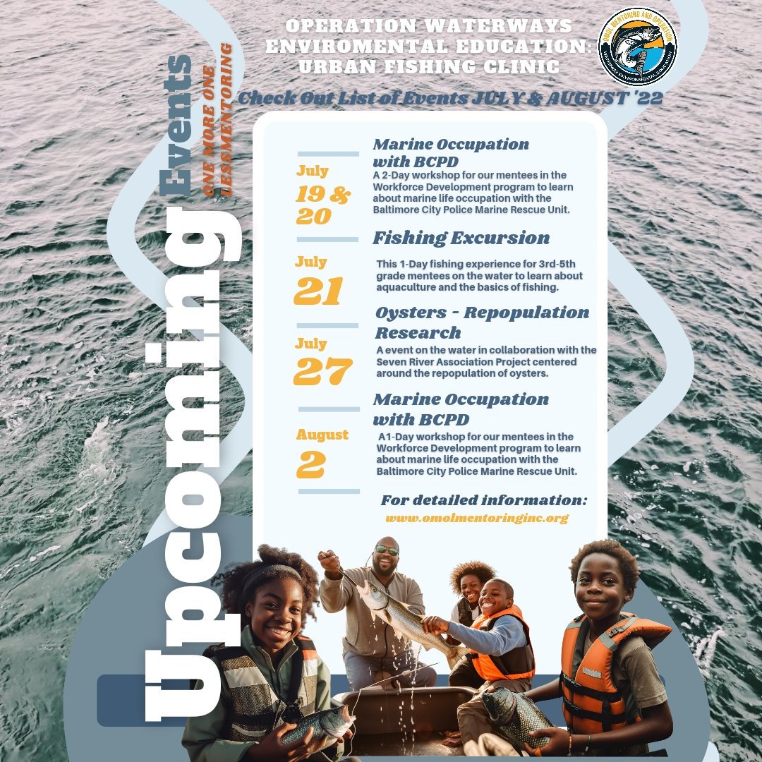 🌊🐟We are thrilled to share a sneak peek of the exciting events lined up for OMOL's Operations Waterways Environmental Education Urban Fishing Clinic. Visit our website to get involved omolmentoringimc.org🎣🚤 #OMOL #Fishing #MentoringYouth