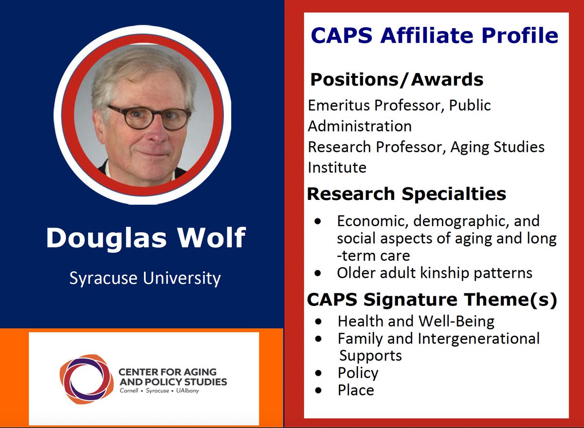 Center for Aging and Policy Studies (@caps_research) on Twitter photo Happy Monday! 📅 This week's affiliate profile is Douglas Wolf. Doug is an emeritus professor of public administration. He focuses on the economic, demographic, & social aspects of #aging and long-term care.
Read his full profile here: tinyurl.com/d3tmu7ny
<a href="/AgingStudiesSU/">Aging Studies Institute</a> Happy Monday! 📅 This week's affiliate profile is Douglas Wolf. Doug is an emeritus professor of public administration. He focuses on the economic, demographic, & social aspects of #aging and long-term care.
Read his full profile here: tinyurl.com/d3tmu7ny
<a href="/AgingStudiesSU/">Aging Studies Institute</a>