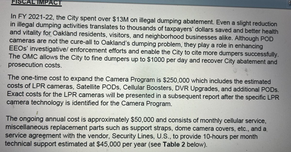 Victory4Oakland's tweet photo. Agenda also includes item on illegal dumping and request to fund more surveillance. The current failed approach already costs millions each year and City reports less than 100 citations last year (no info on what $ was actually collected) or cost to actually clean streets (2/2) https://t.co/uZJKwAh0MI