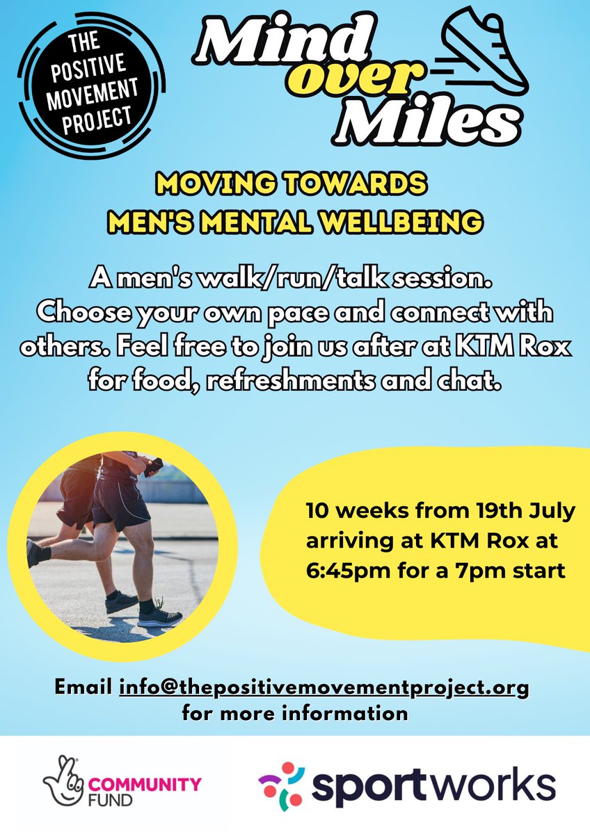 MovePositively's tweet image. Our new Men’s Walk/Run/Talk session starts this Wednesday! #RT & let’s get men moving & talking for better mental health. We will meet at KTM ROX, Feltham at 6:45pm ready for a 7pm start and head back to KTM after for food and chat. The session is free, just turn up!