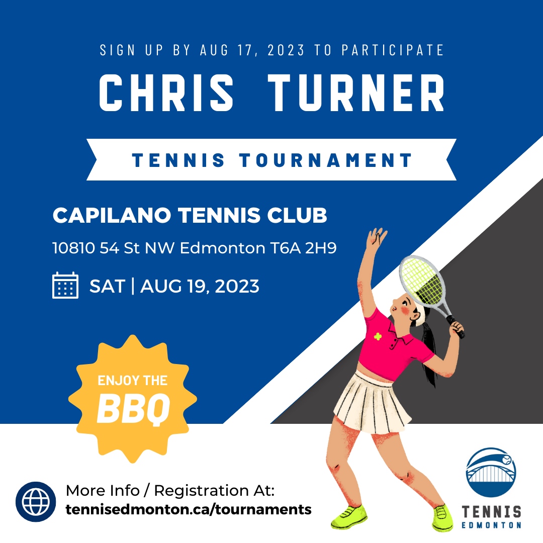 🎾🏆 Join us on August 19th as we proudly host the Chris Turner Tennis Tournament in Edmonton! 🌟🎾 This exciting event brings together players of all levels for a day of thrilling matches and community support. See you on the courts! 

REGISTER AT
tennisedmonton.ca/tournaments