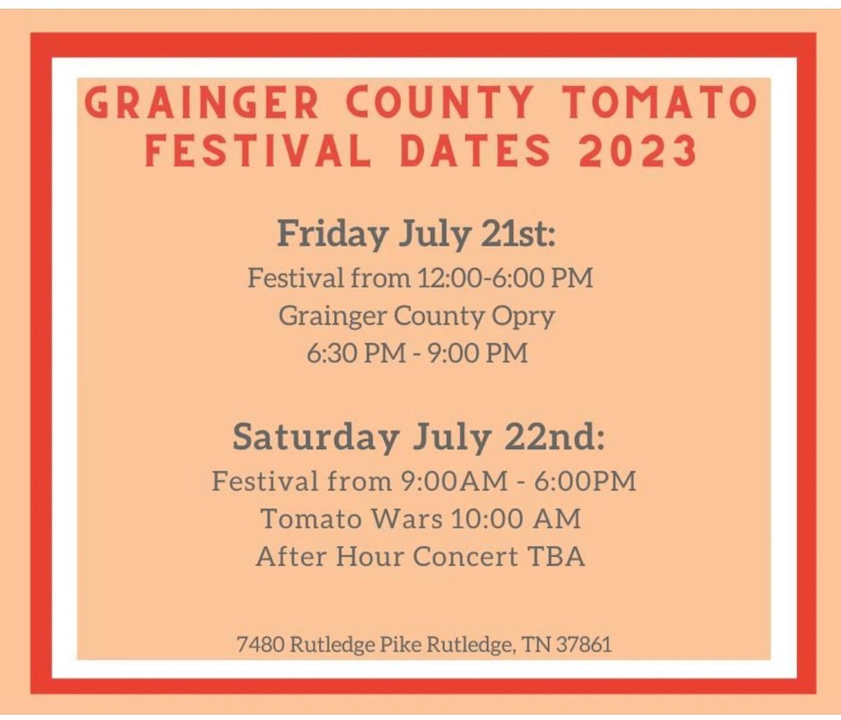 TennesseeTeaJar's tweet photo. Hey Tea Friends,
We are heading next to the Grainger County Tomato Festival! Come see us Friday and Saturday. There are tomato wars, music, crafts, and of course, tea!!!
Looking forward to seeing everyone! 
#tennesseeteajars https://t.co/WJrFiLFAhw