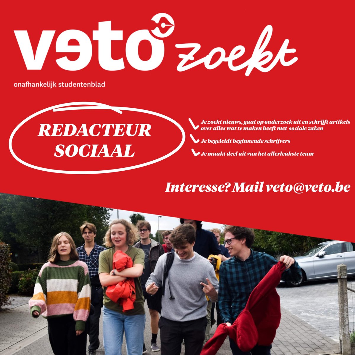 Veto_be's tweet photo. ❗️Veto werft aan!

✒️Wij zoeken nog enkele kandidaten voor de nieuwe kernredactie!

🫡Gebeten door journalistiek? Zin om bij te leren en bij te dragen aan de warmste creatieve leerschool van Leuven?

📩Stuur een berichtje naar veto@veto.be of deze pagina bij vragen/interesse! https://t.co/p1892q5sQ7