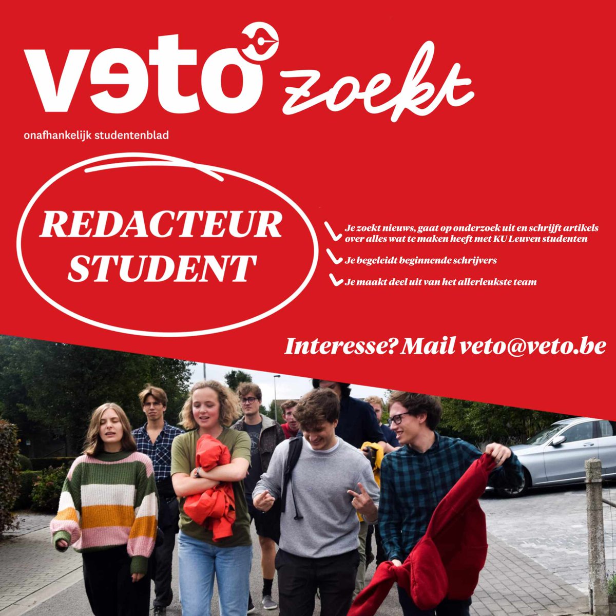 Veto_be's tweet photo. ❗️Veto werft aan!

✒️Wij zoeken nog enkele kandidaten voor de nieuwe kernredactie!

🫡Gebeten door journalistiek? Zin om bij te leren en bij te dragen aan de warmste creatieve leerschool van Leuven?

📩Stuur een berichtje naar veto@veto.be of deze pagina bij vragen/interesse! https://t.co/p1892q5sQ7