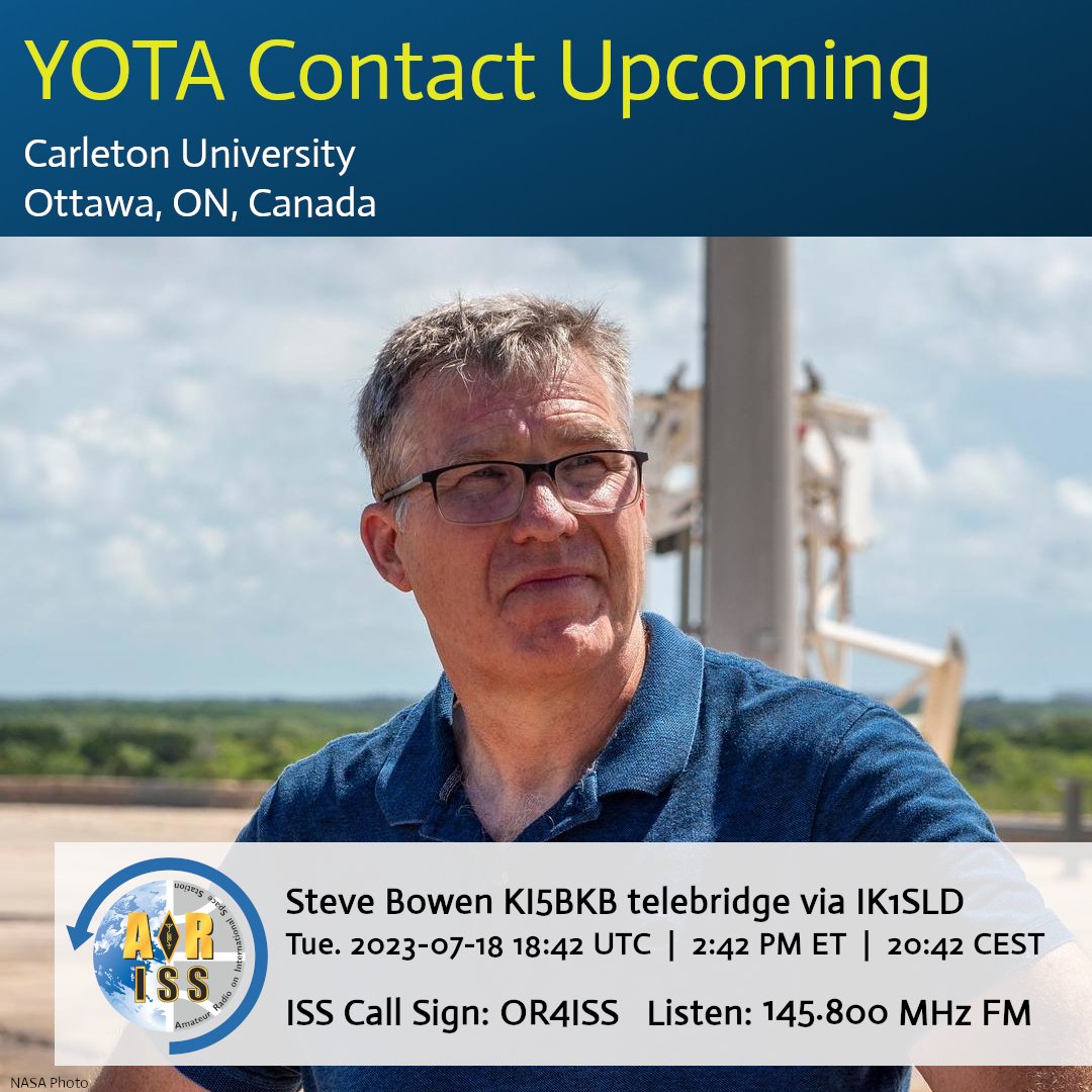 Livestream added for tomorrow's Youth on the Air contact.

ISS crew member Steve Bowen, KI5BKB, will to campers at the event at Ottawa's Carleton U. via #hamradio   
Contact starts at 18:42 UTC | 2:42 ET via IK1SLD while the ISS is over Europe.

Live: youtube.com/watch?v=A5bXZU…