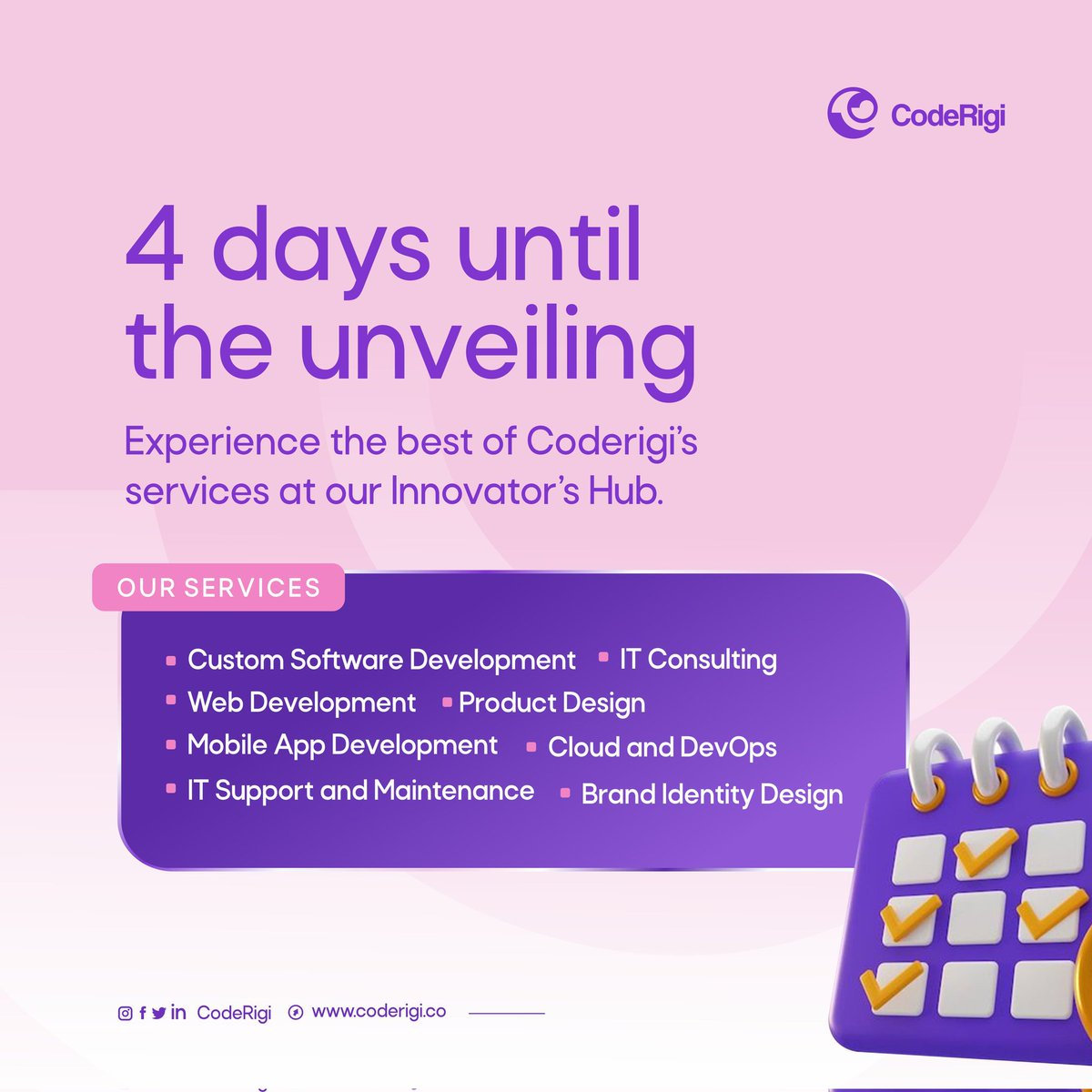 coderigi_'s tweet image. The countdown reads 4 DAYS TO GO, and here are 4 things you should know about CodeRigi!!

🤓👇

1️⃣ CodeRigi is a custom software and product development company.

2️⃣ We are a tech company, building tech solutions that help businesses scale.