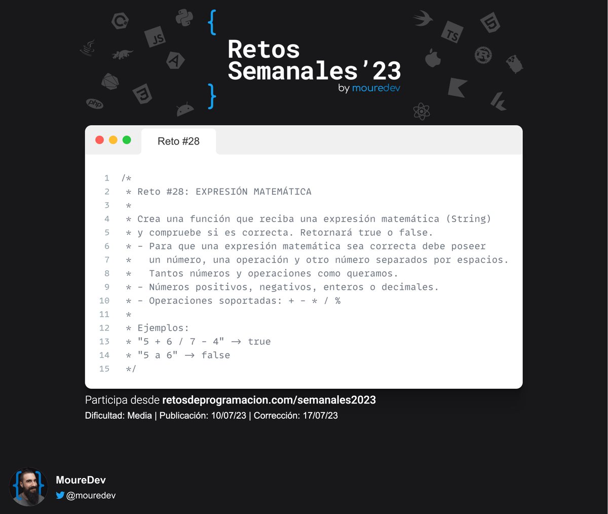 MoureDev's tweet photo. En directo!
Vamos a resolver el reto de programación semanal para mejorar nuestra lógica y realizar el sorteo para crear los 2 equipos de las #DevWars.
🟣 https://t.co/OCwIcKIYqQ https://t.co/IiLuPd3yn7