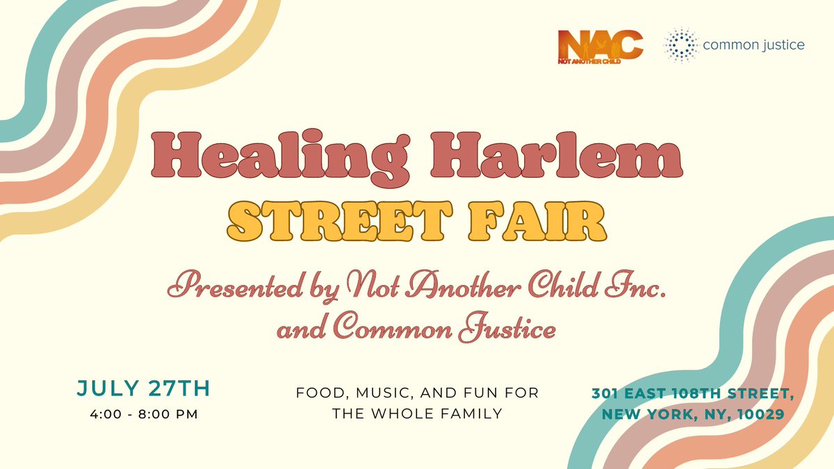 Join us and @nacantiviolence on Thursday, July 27th for a Healing Harlem Street Fair! We'll have fun for the whole family + resources about healing services for crime survivors and solutions to violence that don’t rely on prisons or police. Register at: bit.ly/3Kg0HT1