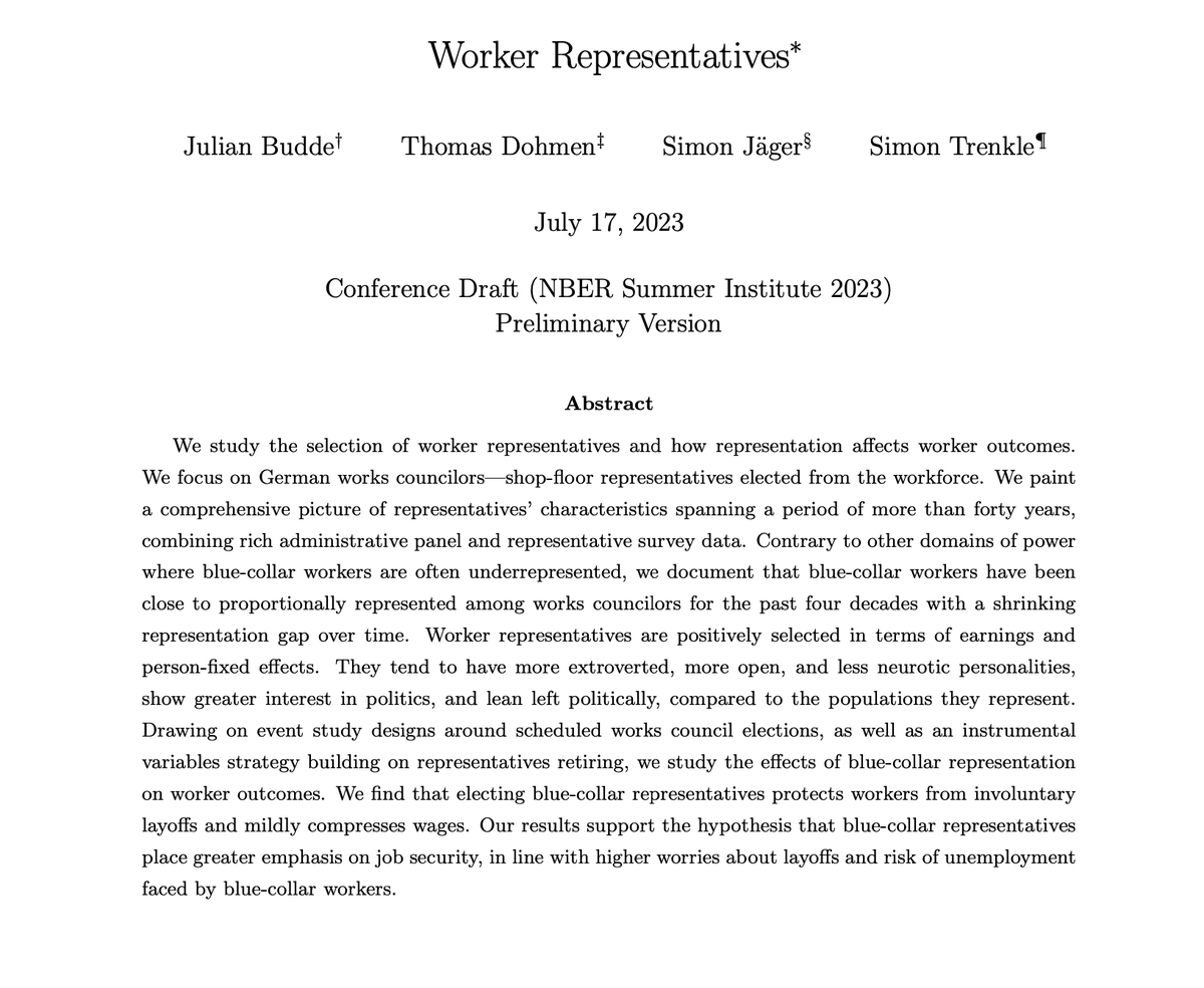 simon_jaeger's tweet photo. Who becomes a worker representative? And does it matter? Very excited to present new work on worker representation @nberpubs Political Economy at 11:30am EDT tomorrow (Tuesday) with @iza_bonn @ECON_tribute team (@buddejul, @thomas_dohmen, and Simon Trenkle). Livestream 👇 https://t.co/YKz6HlSDof