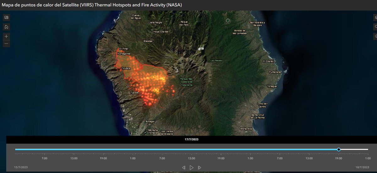 Publicamos en mapasdelapalma.es una aplicación de consulta timelapse de la evolución de Incendio forestal de La Palma, generado a partir de FIRMS de la NASA y del perímetro diario de COPERNICUS (ERS) #IFLaPalma #IFPuntagorda @CabLaPalma @MedioAmbienteLP @lapalma_smart