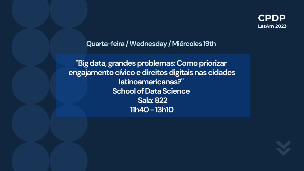 CTS_FGV's tweet photo. @Meta @WhatsApp @venturini_mila @derechosdigital @camischrappe @TikTokBrasil @JuanDGut @Insper @idec @JusTechne @FGV @mariapazcanales @GlobalPartnersD No mesmo horário, na sala 822, teremos a mesa "#Bigdata, grandes problemas: Como priorizar engajamento cívico e direitos #digitais nas cidades #latinoamericanas?" organizada pela #SchoolofDataScience. O painel conta com a participação de @jhereia, @uvadatascience + https://t.co/chHlhY2TVH