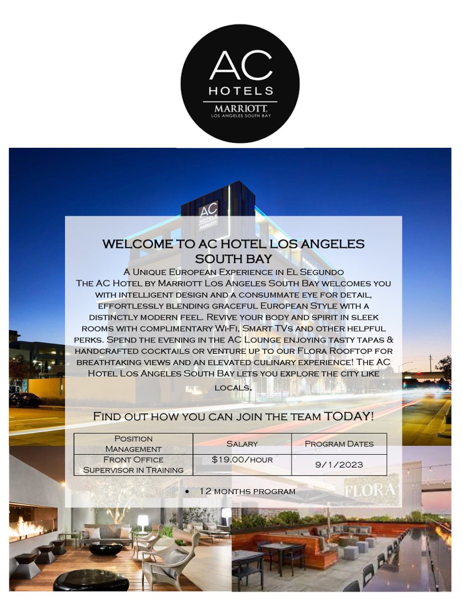 J1Training's tweet photo. Hello Hoteliers,

AC Hotel Downtown Los Angeles, California is looking for Rooms Division Management Trainees.

To apply please forward your updated resume to talents@j1training.org or fill up an application form online at https://t.co/VM6xpr1la3. https://t.co/iECMUYn225
