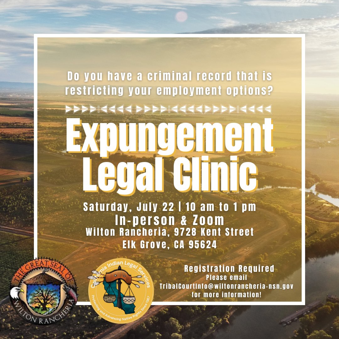 Have you registered yet? Our in-person and virtual Expungement Legal Clinic with @WiltonRancheria is this Saturday. Register today to attend and learn about expungements in CA. Register today: bit.ly/WRExpungement