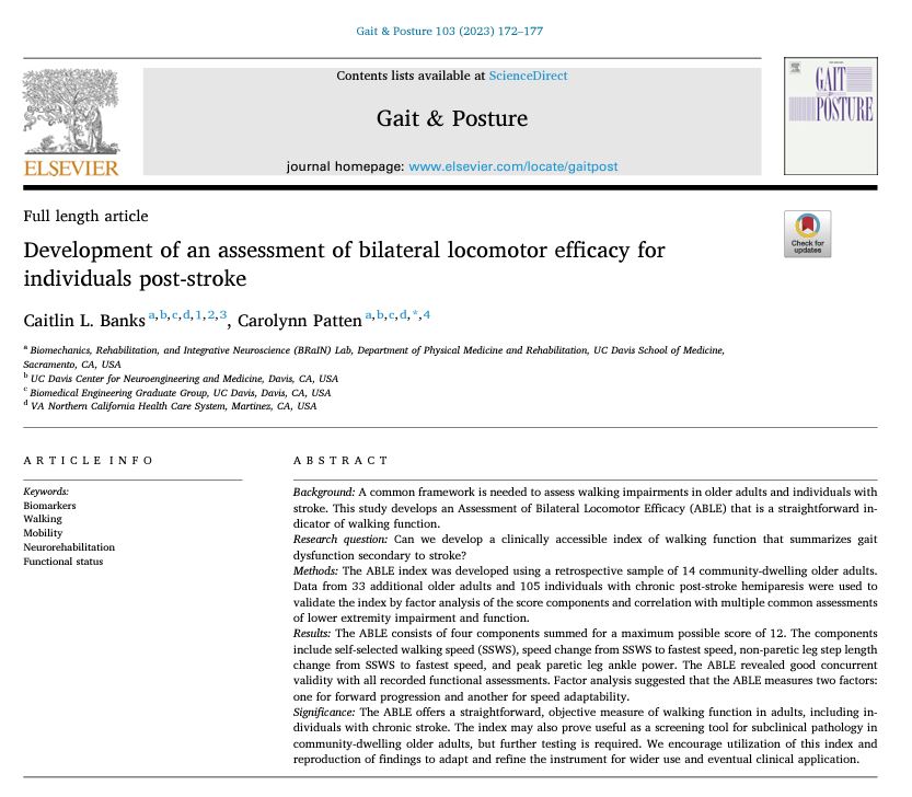 This month’s #IWB_QuarterlyPaper features Dr. @Biomch_LBanks & Dr. Carolynn Patten’s paper, ‘Development of an assessment of bilateral locomotor efficacy for individuals post-stroke’ Link:sciencedirect.com/science/articl… 🧵1/12
